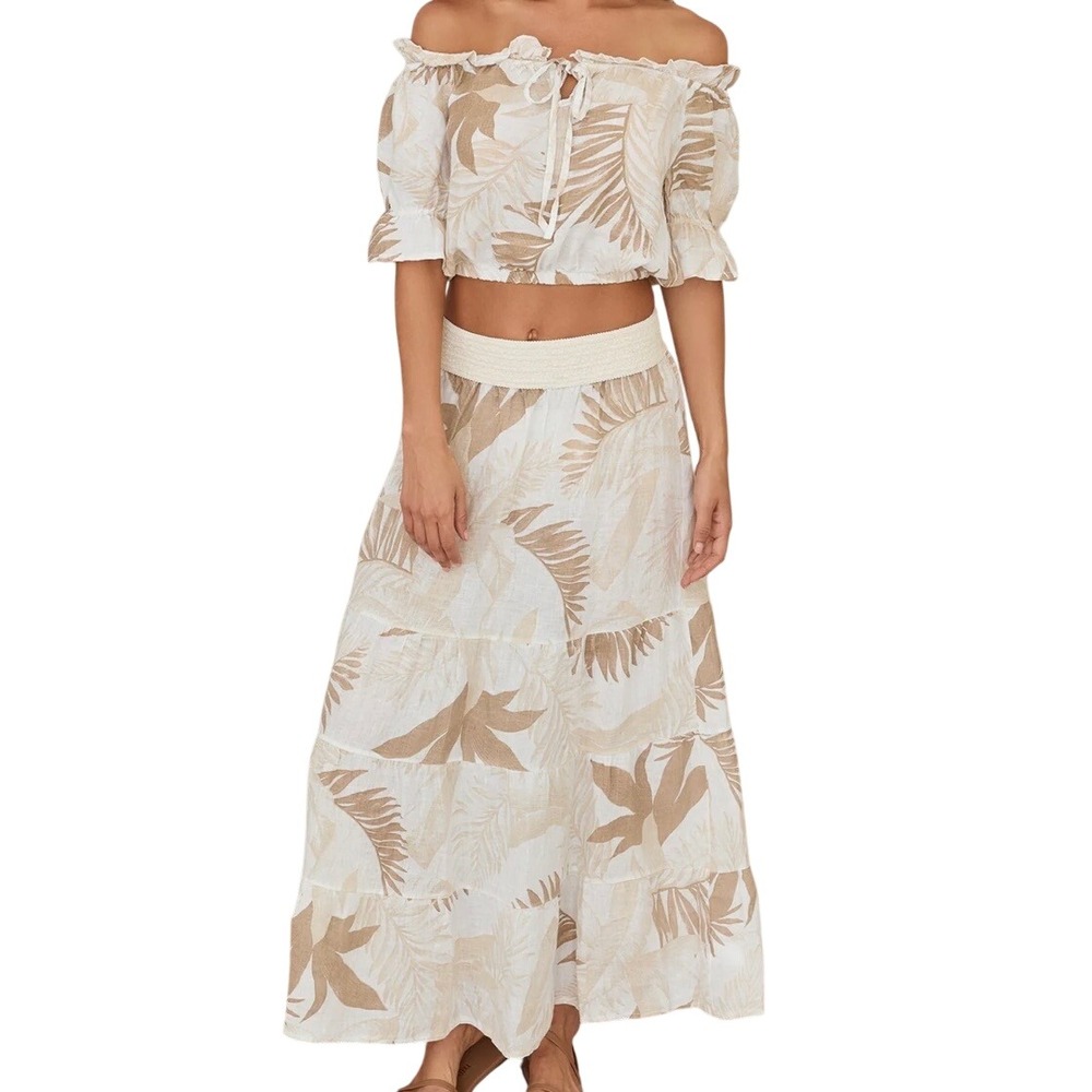 Milio Milano Womens 100% Linen Set Crop Top Maxi Skirt Tropical Floral Boho XS